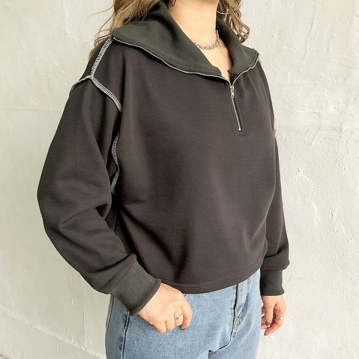 トレーナー スウェット ハーフジップショートトップス レディース callautia（カラウティア）の「ハーフジップショート丈