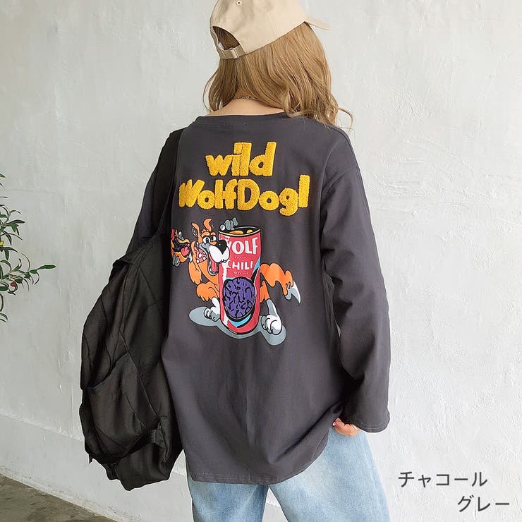 WolfDog刺しゅうルーズTシャツ ロンT 韓国ファッション[品番