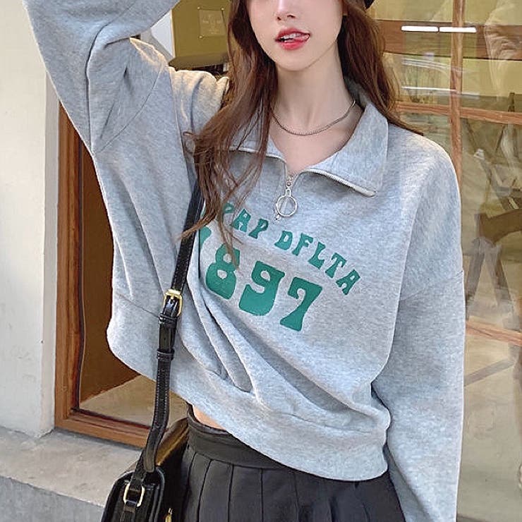 フロントプリントハーフジップショートトップス 春夏 韓国ファッション