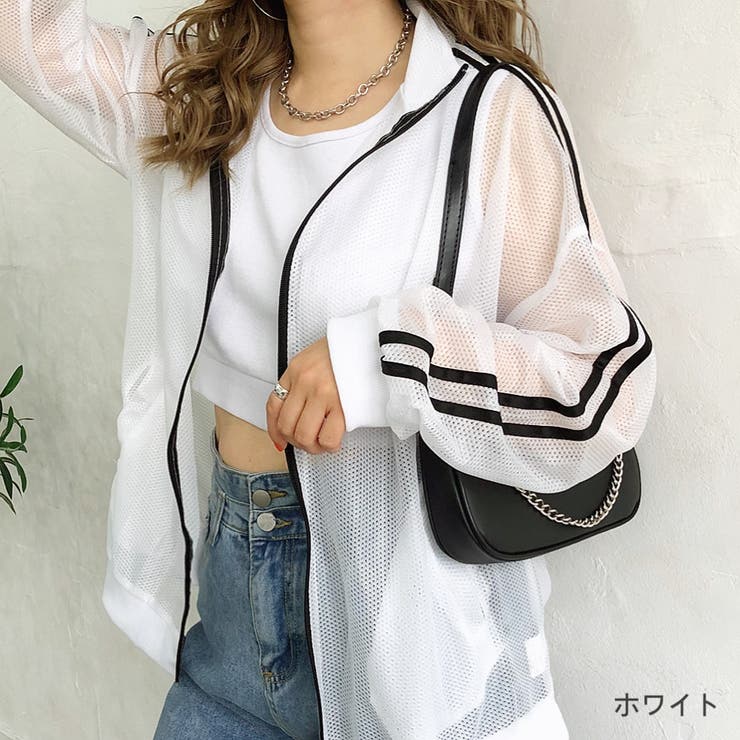 袖ラインメッシュシアースタンドZIPトップス 春夏 韓国