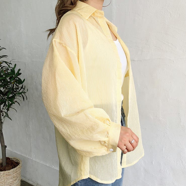 ブラウス シャツ ボリューム袖シアーストライプシャツ レディース She's Closet ブラウス シャツ ボリュームスリーブショート丈