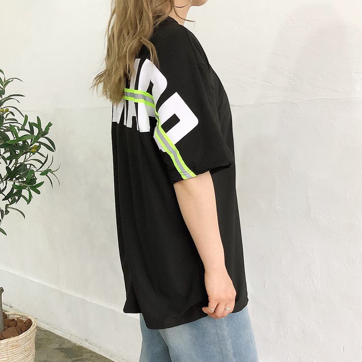 ネオンテープバックプリントルーズTシャツ 春夏 韓国[品番 