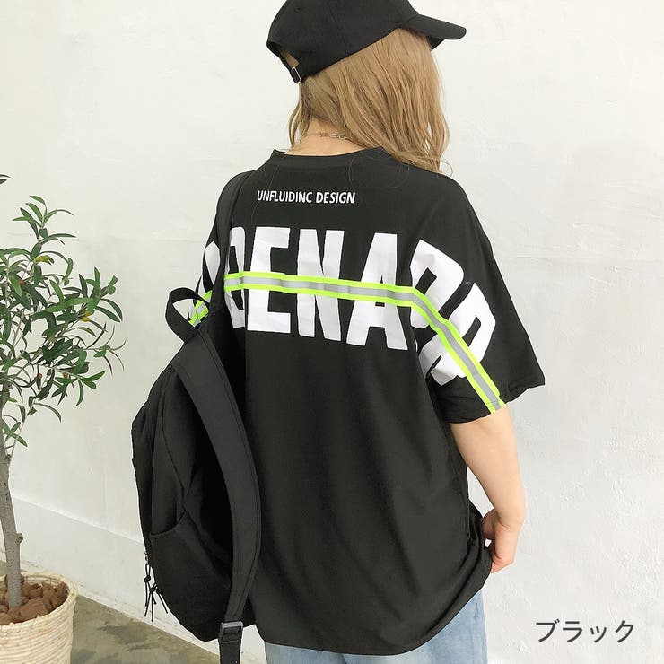 ネオンテープバックプリントルーズTシャツ 春夏 韓国[品番 