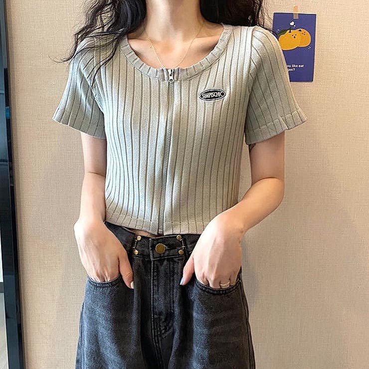 フロントZIPショート丈ニットトップス 春夏 韓国ファッション