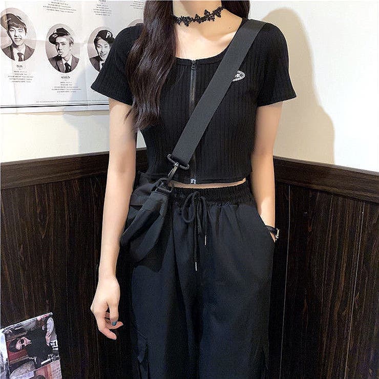 フロントZIPショート丈ニットトップス 春夏 韓国ファッション
