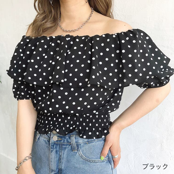 ドット柄フリルオフショルダートップス 春 夏[品番：SHNW0007026