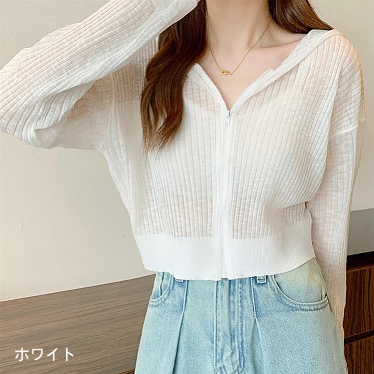 ホワイト | クロップド丈サマーニットシアーフーディー 春 夏 | SHEENA 