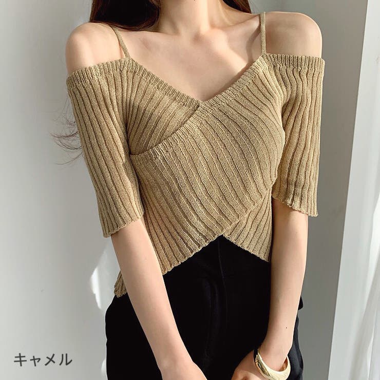 カシュクールデザインサマーニットトップス 夏 韓国ファッション