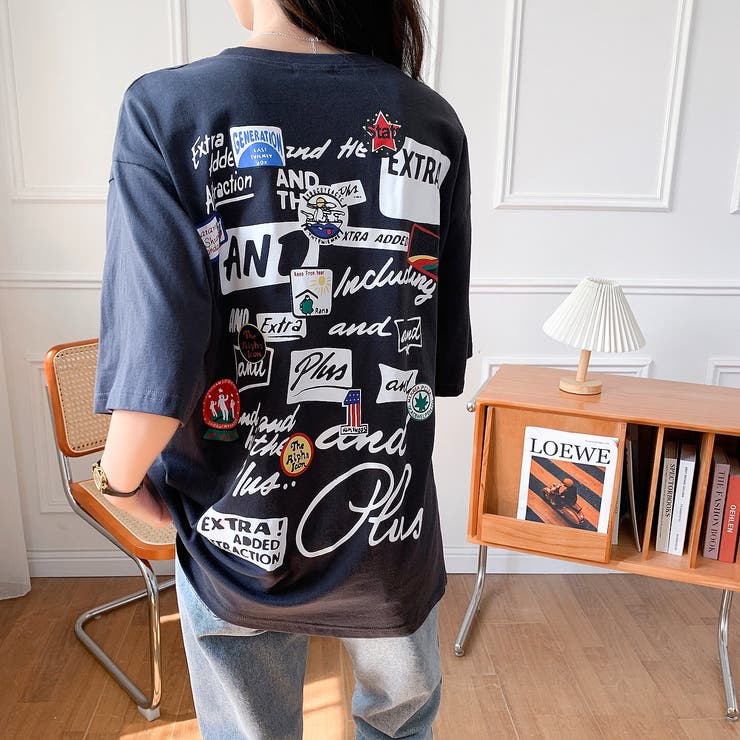 Jeans ロゴバックプリント 半袖 Tシャツ 送関込 MIXロゴバックプリントルーズTシャツ 春 夏[品番:SHNW0007211