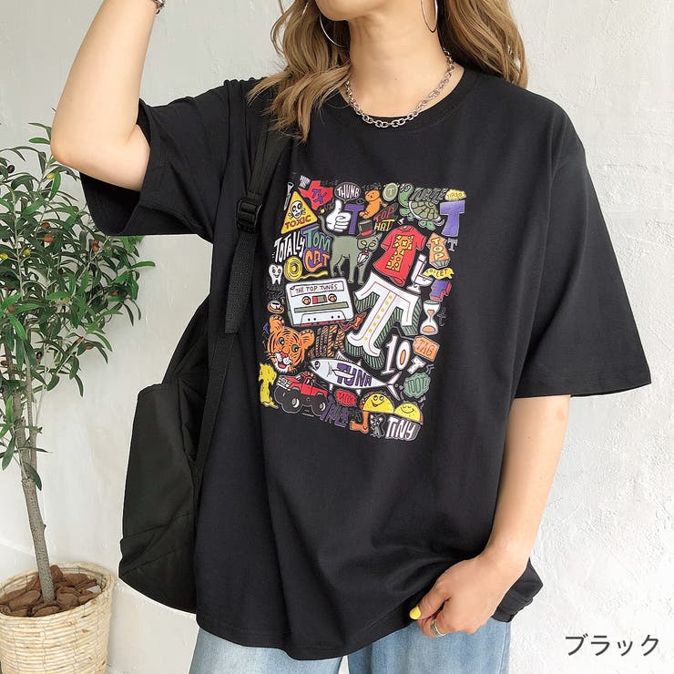 ブラック | カラーイラストプリントTシャツ 夏 韓国 | SHEENA 