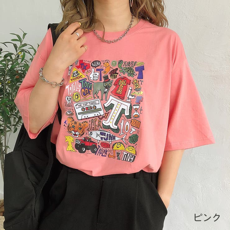 ピンク | カラーイラストプリントTシャツ 夏 韓国 | SHEENA 