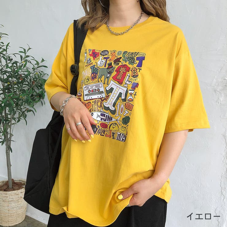 イエロー | カラーイラストプリントTシャツ 夏 韓国 | SHEENA 