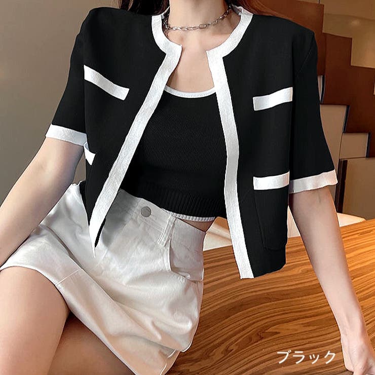 ブラック | バイカラー半袖サマーニットアンサンブル 夏 韓国 | SHEENA 