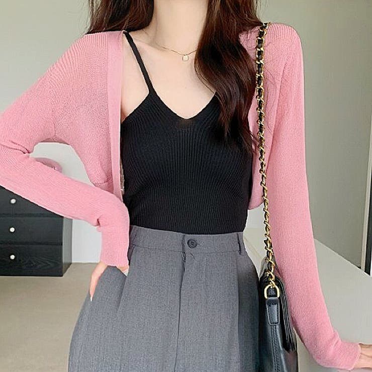 PXG レディース カーディガン 黒/ピンク ケーブルローゲージニットカーディガン【洗濯機OK】（カーディガン