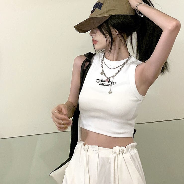 刺しゅうロゴクロップドタンク 夏 韓国[品番：SHNW0007507]｜SHEENA
