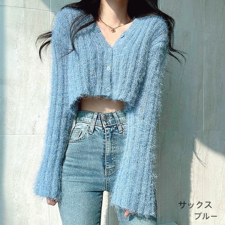 クロップド丈フェザーニットカーディガン 秋 冬[品番：SHNW0007747