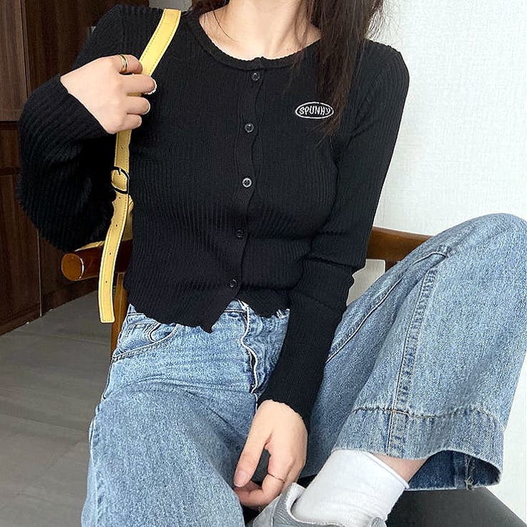 刺しゅうロゴクロップドリブニットカーディガン 秋 冬 | SHEENA  | 詳細画像2 