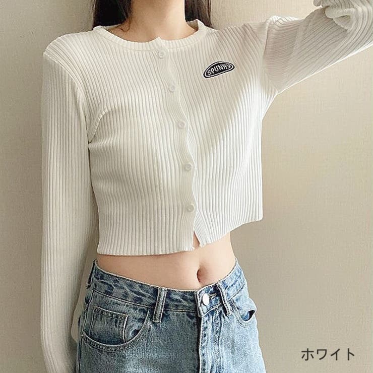 ホワイト | 刺しゅうロゴクロップドリブニットカーディガン 秋 冬 | SHEENA 