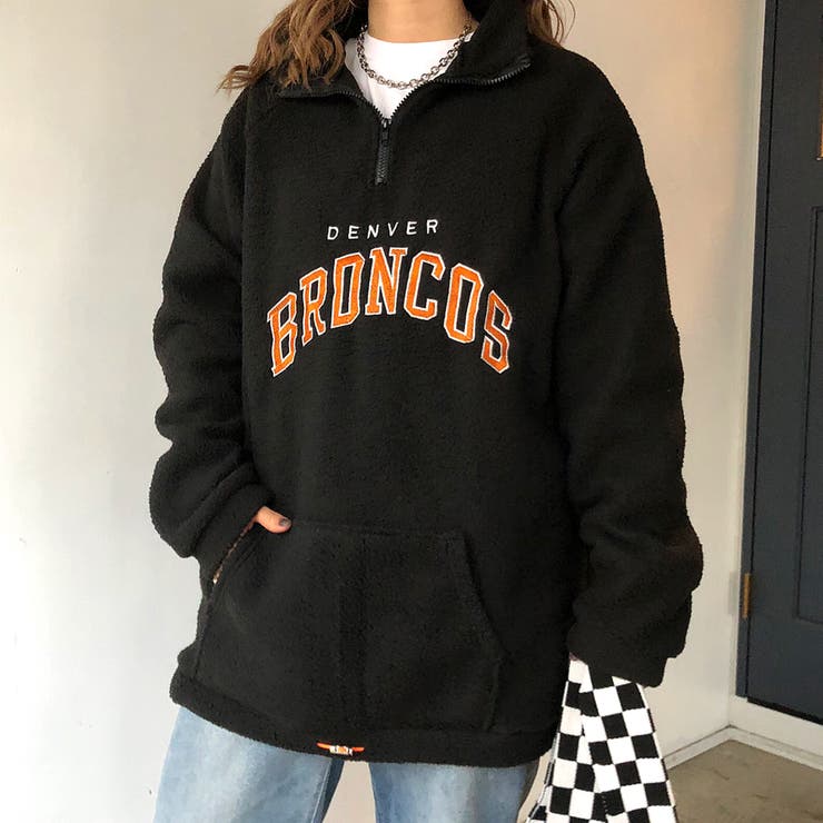 BIGシルエット刺しゅうロゴハーフジップボアトップス 秋 冬[品番