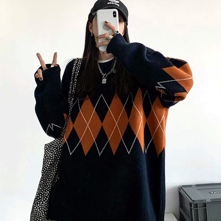 アーガイル柄もちもちニットトップス 秋 冬[品番：SHNW0008414