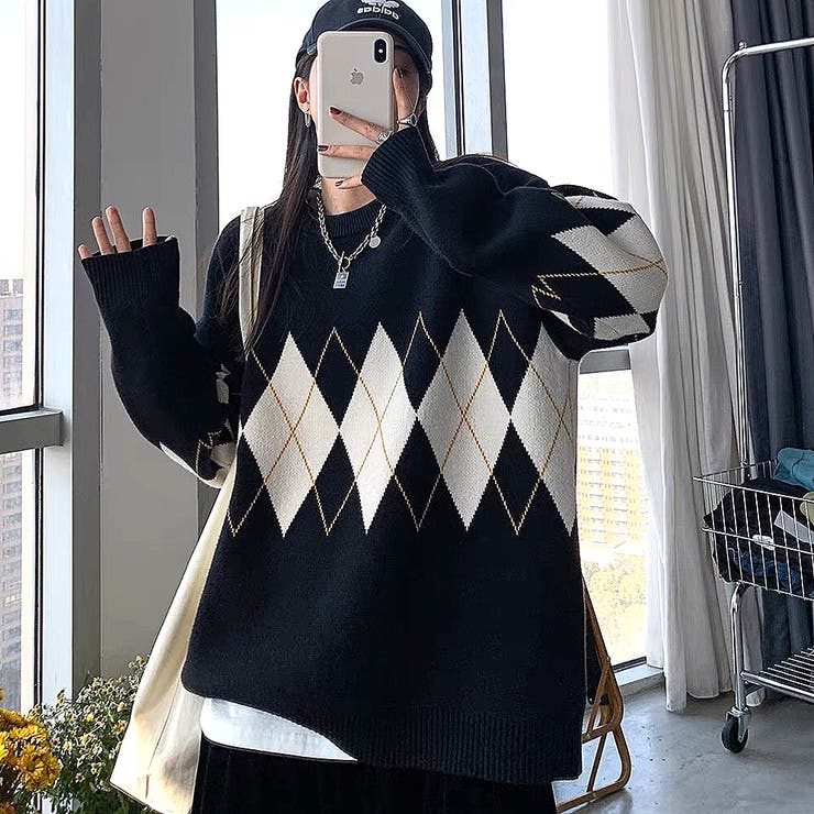 アーガイル柄もちもちニットトップス 秋 冬[品番:SHNW0008414 アーガイル柄もちもちニットトップス 秋 冬[品番:SHNW0008414
