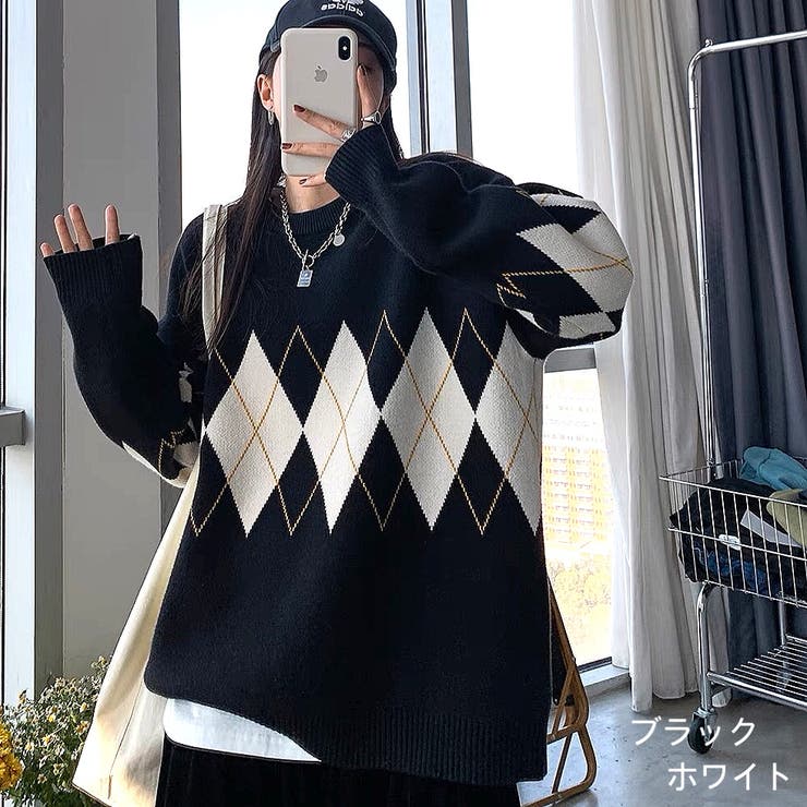 アーガイル柄もちもちニットトップス 秋 冬[品番：SHNW0008414