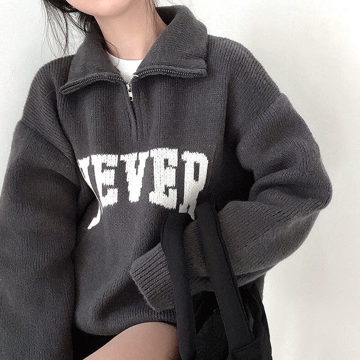 NEVERロゴハーフジップニットトップス 秋 冬[品番：SHNW0008416