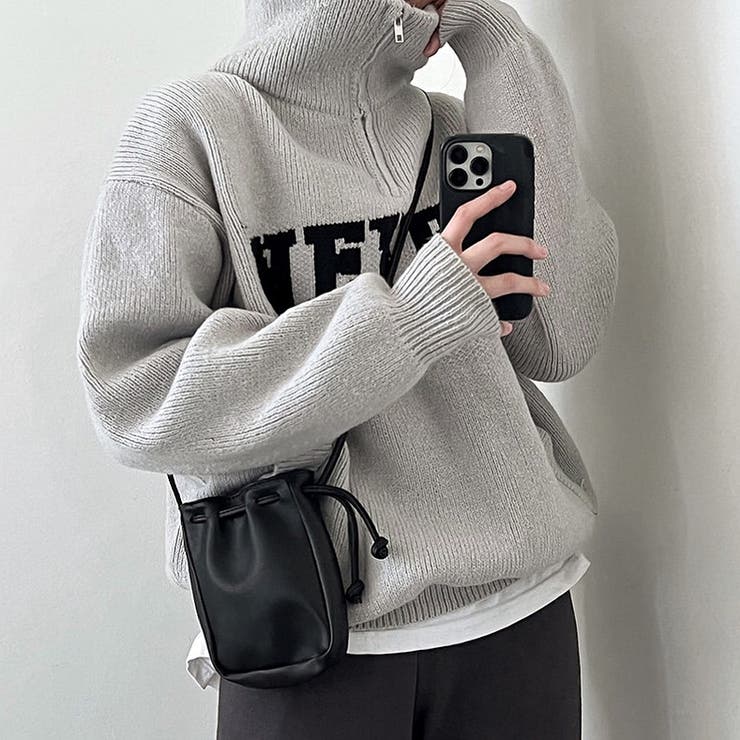 NEVERロゴハーフジップニットトップス 秋 冬[品番：SHNW0008416