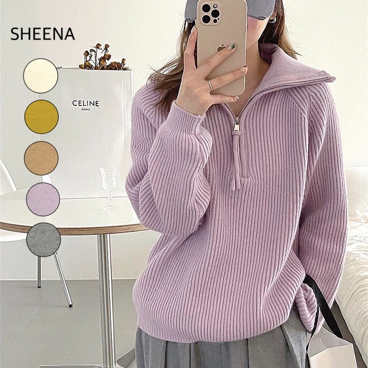 ハーフジップもちもちニットトップス 秋 冬[品番：SHNW0008418