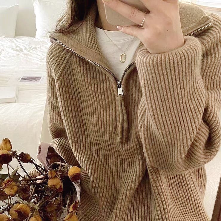 ハーフジップもちもちニットトップス 秋 冬[品番：SHNW0008418