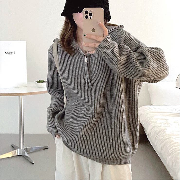 ハーフジップもちもちニットトップス 秋 冬[品番：SHNW0008418