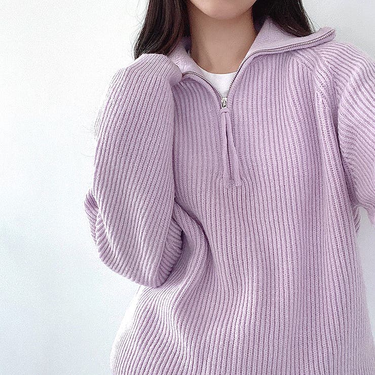 ハーフジップもちもちニットトップス 秋 冬[品番：SHNW0008418
