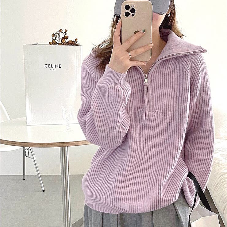 ハーフジップもちもちニットトップス 秋 冬[品番：SHNW0008418