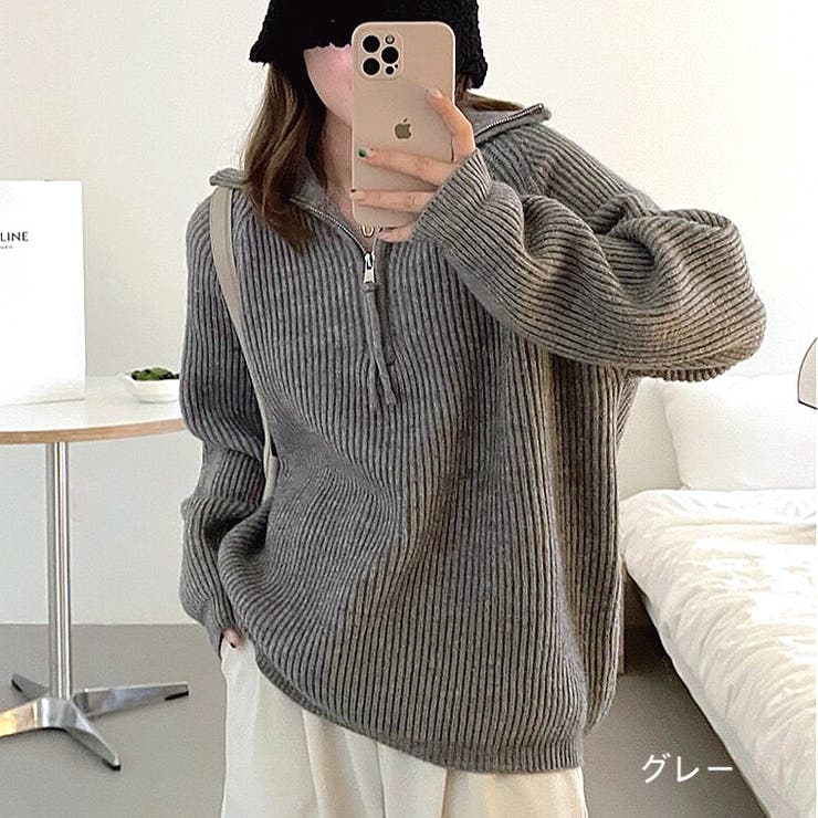 ハーフジップもちもちニットトップス 秋 冬[品番：SHNW0008418