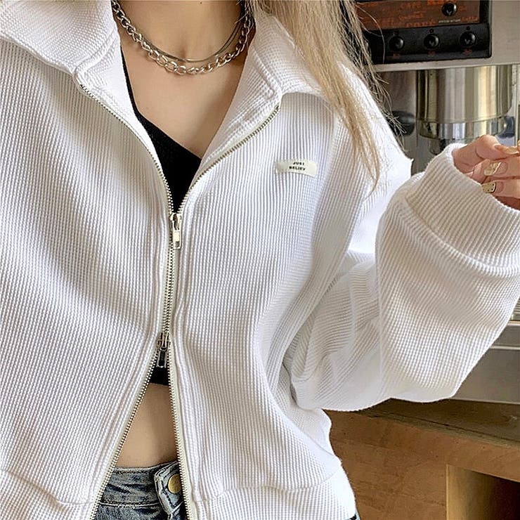 ホワイト | 襟付きワッフルZIPトップス 春 秋 | SHEENA 