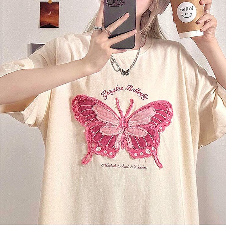 D&G ドルガバ 蝶柄 カットソー ピンク 半袖 バタフライ Y2K バタフライパッチオーバーサイズTシャツ 春 夏[品番：SHNW0009434