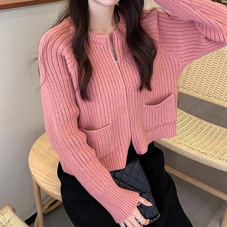 ダブルジップリブ編みニットトップス 秋 冬[品番：SHNW0010020