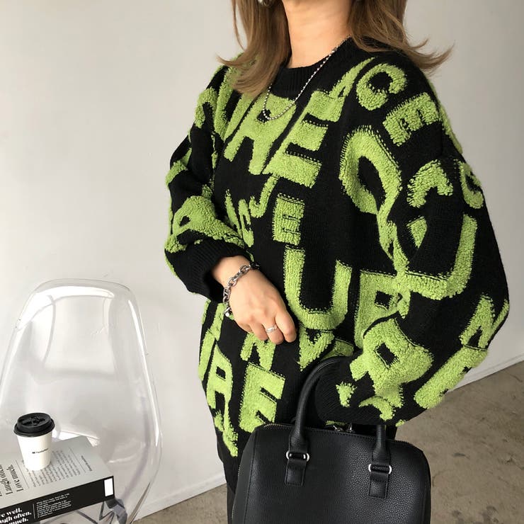ブラックライムグリーン | もこもこアルファベットニットプルオーバー 秋 冬 | SHEENA