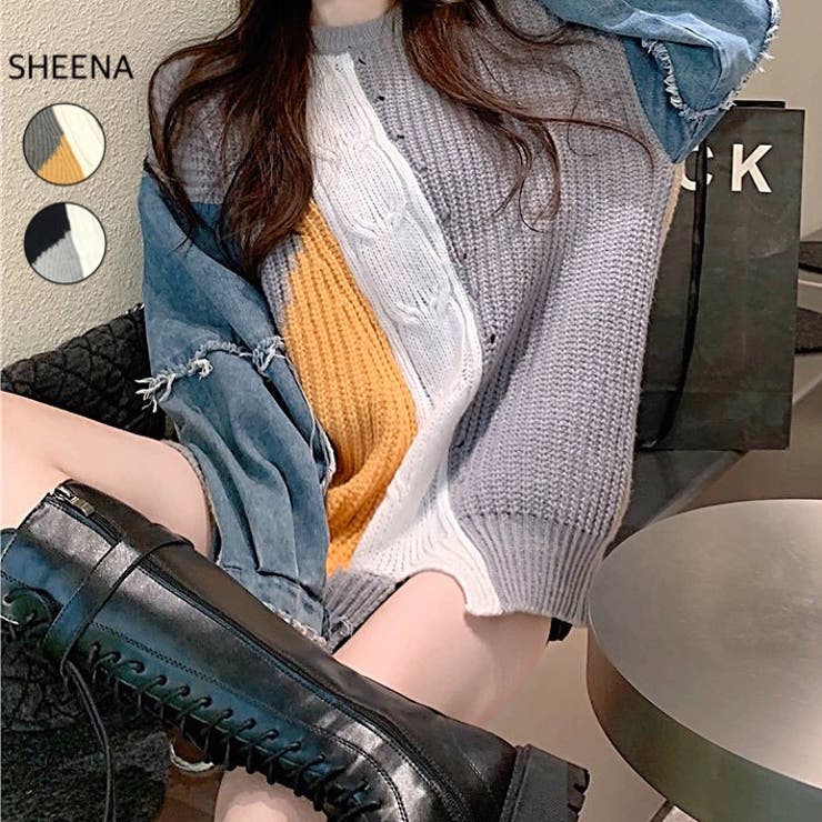 袖デニム切替配色ニット 秋 冬[品番：SHNW0010206]｜SHEENA （シーナ