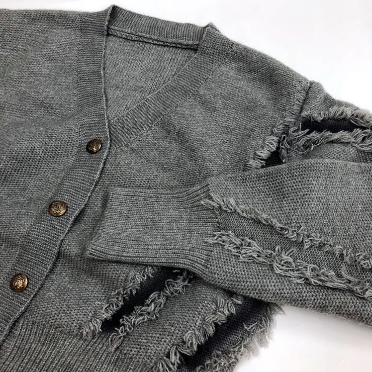 フリンジブロークンニットカーディガン GREY クロップド丈フリンジニットカーディガン 秋 冬[品番：SHNW0010242 トップス