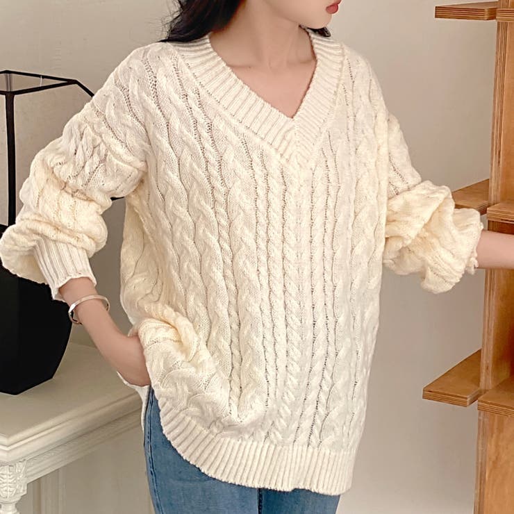 シーナリー　Vネックケーブルニット LURAKU】V-neck Short Length Cable Knit / Vネック短丈ケーブル