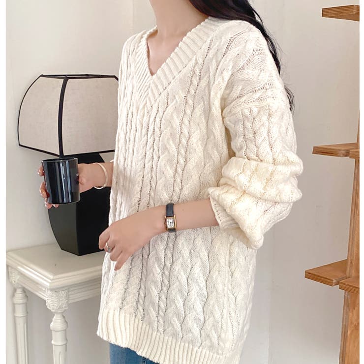 ケーブル編み Vネックニット きれいめ miniministore ケーブル編み Vネックニット きれいめ -靴