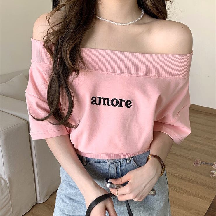 刺しゅうロゴワイドネックオフショルトップス 春 夏[品番