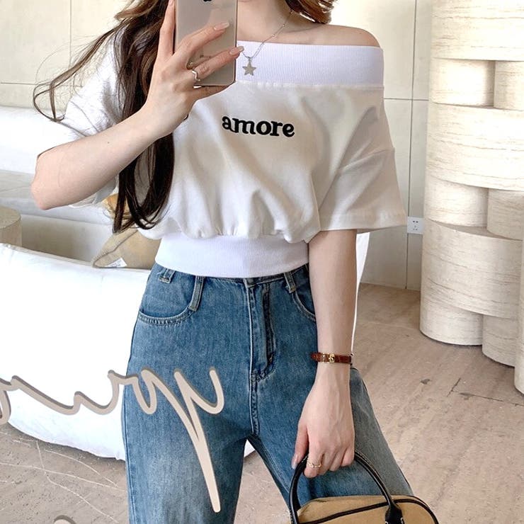 刺しゅうロゴワイドネックオフショルトップス 春 夏[品番