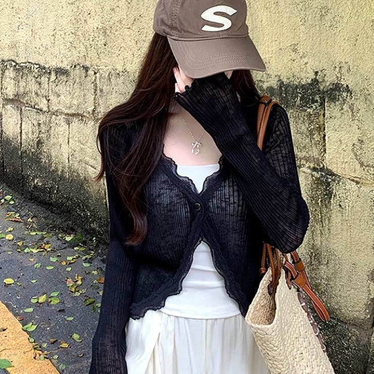 レースアクセントシアーカーディガン 春 夏[品番：SHNW0011346