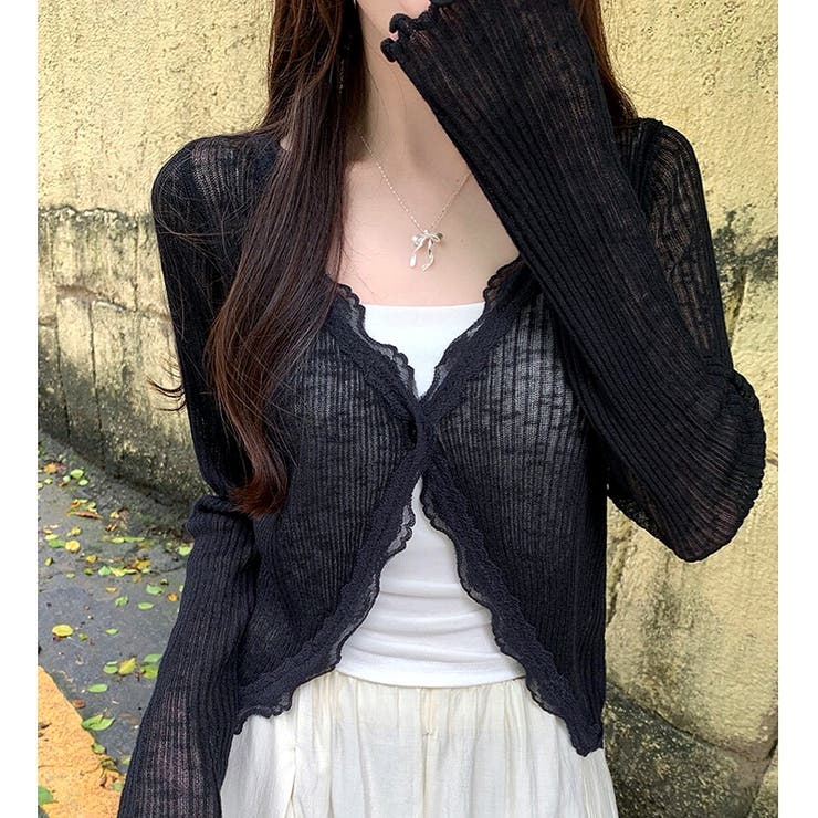 ブラック | レースアクセントシアーカーディガン 春 夏 | SHEENA 