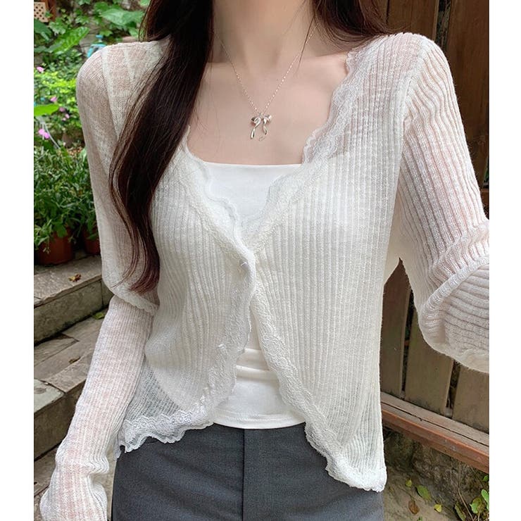 ホワイト | レースアクセントシアーカーディガン 春 夏 | SHEENA 