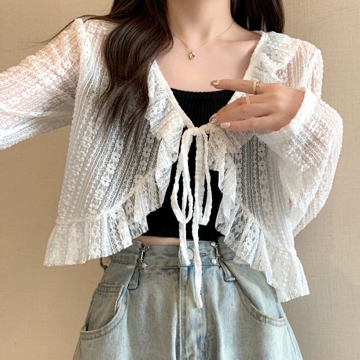 ホワイト | シアーレースフリルカーディガン 春 夏 | SHEENA 
