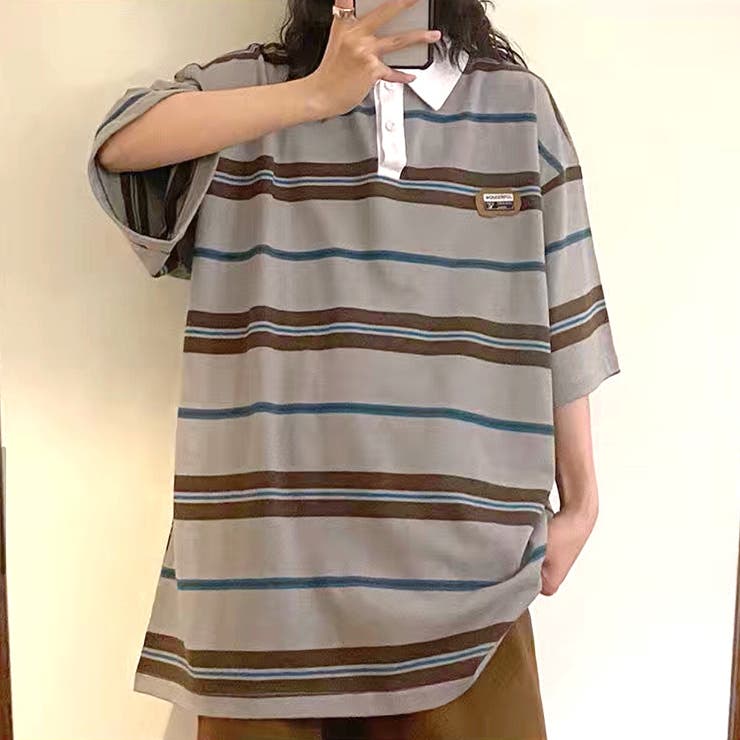 ポロ襟マルチボーダーオーバーサイズTシャツ 春 夏[品番