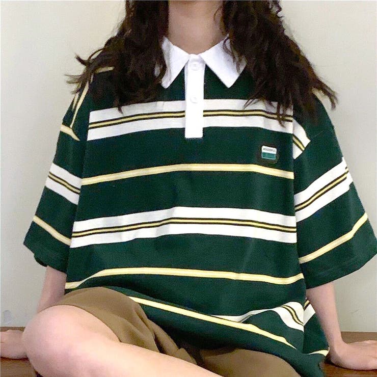 ポロ襟マルチボーダーオーバーサイズTシャツ 春 夏[品番：SHNW0011444